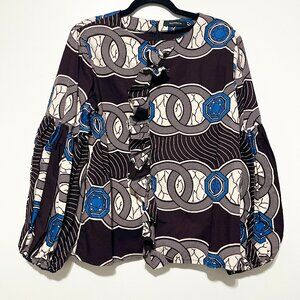 Womens Artsy Ruffle Printed Blouse M Statement Sleeve Maximalist Eclectic Ethnic
